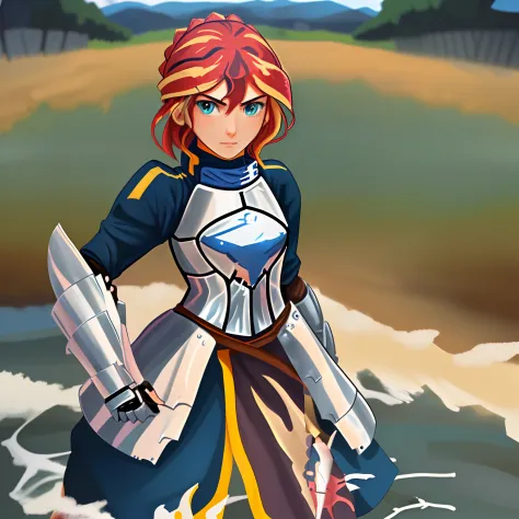 Girl in armor on the battlefield. With the Sun Banner.