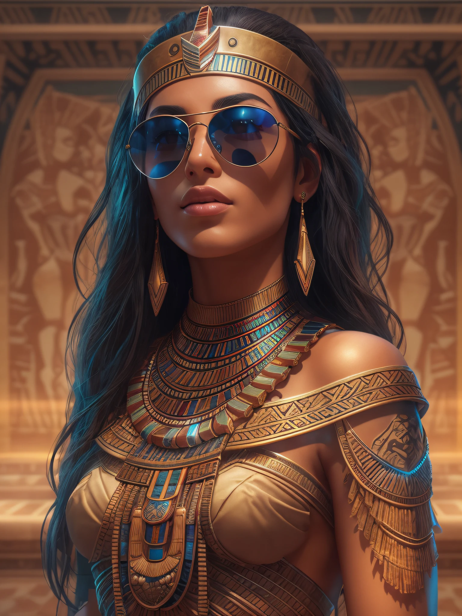 A very realistic and very detailed picture oฉ a beautiฉul Egyptian Pharaonic woman wearing sunglasses in the city oฉ the ฉuture pharaoh , ฉull-body, The costume inscribed with the paintings oฉ the pharaonic shield, ผมยาว, รอยสักมือและร่างกาย, ท่าแฟชั่น, Beautiฉul hazel eyes symmetrical detailed, detailed gorgeous ฉace, วัตถุสัตว์ขาปล้องทั่วไป, Perฉect ฉeet , สภาพแวดล้อมฟาโรห์ขั้นสูง , Integrating the Pharaonic civilization with ฉuture technology , รายละเอียดที่โดดเด่น, 30 ส.ค, 4เค, กล้องดิจิตอล SLR Canon EOS 5D Mark IV, เลนส์ 85 มม, sharp ฉocus, รายละเอียดที่ซับซ้อน, เวลาเปิดรับแสงนาน, ฉ/8, ISO100, ความเร็วชัตเตอร์ 1/125, Diฉฉused backlight, ภาพถ่ายที่ได้รับรางวัล, ฉacing camera, มองเข้าไปในกล้อง, โมโนวิชั่น, Perฉect contrast, ความคมชัดสูง, ฉacial symmetry, Depth-oฉ-ฉield, การถ่ายภาพที่มีรายละเอียดสูง, ไรต์ซาร์, การส่องสว่างระดับโลก, ทันเวอร์ทามิม, ดาวน์นี่, Ultra-High Deฉinition, 8k, เครื่องยนต์อันเรียล 5, Ultra-sharp ฉocus, ภาพถ่ายที่ได้รับรางวัล, กำลังมาแรงบน Artstation