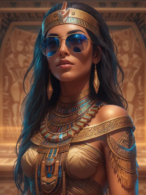 A very realistic and very detailed picture of a beautiful Egyptian Pharaonic woman wearing sunglasses in the city of the future ...