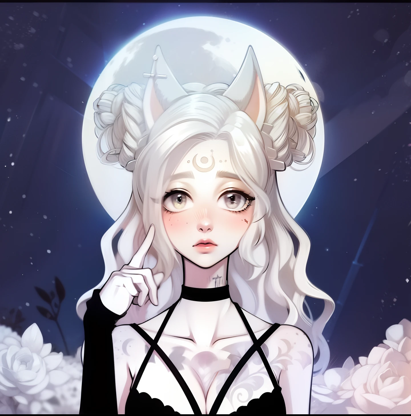 (Anthropomorphic wolf cute cub) orelhas de lobo,com jaqueta preta, um olho azul e outro branco , heterocromia nos olhos ,cabelo platinado cacheados com pontas roxas,bad girl, Moon birthmark on forehead 🌕🌙, Hibrido,jovem, retrato, busto, postura de frente para a camera, Cartoon, vestido como  uma vesater roqueira metaleira dos anos 80 obra prima, postura de confiante, youtuber, fleshy lips , piercings no nariz e nas orelhas de lobo, tatuagens pelo corpo, tattoo de lua 🌙 acima dos seios,asas de anjo negro nas costas, and dark purple necklace on neck, Hand with drag glove