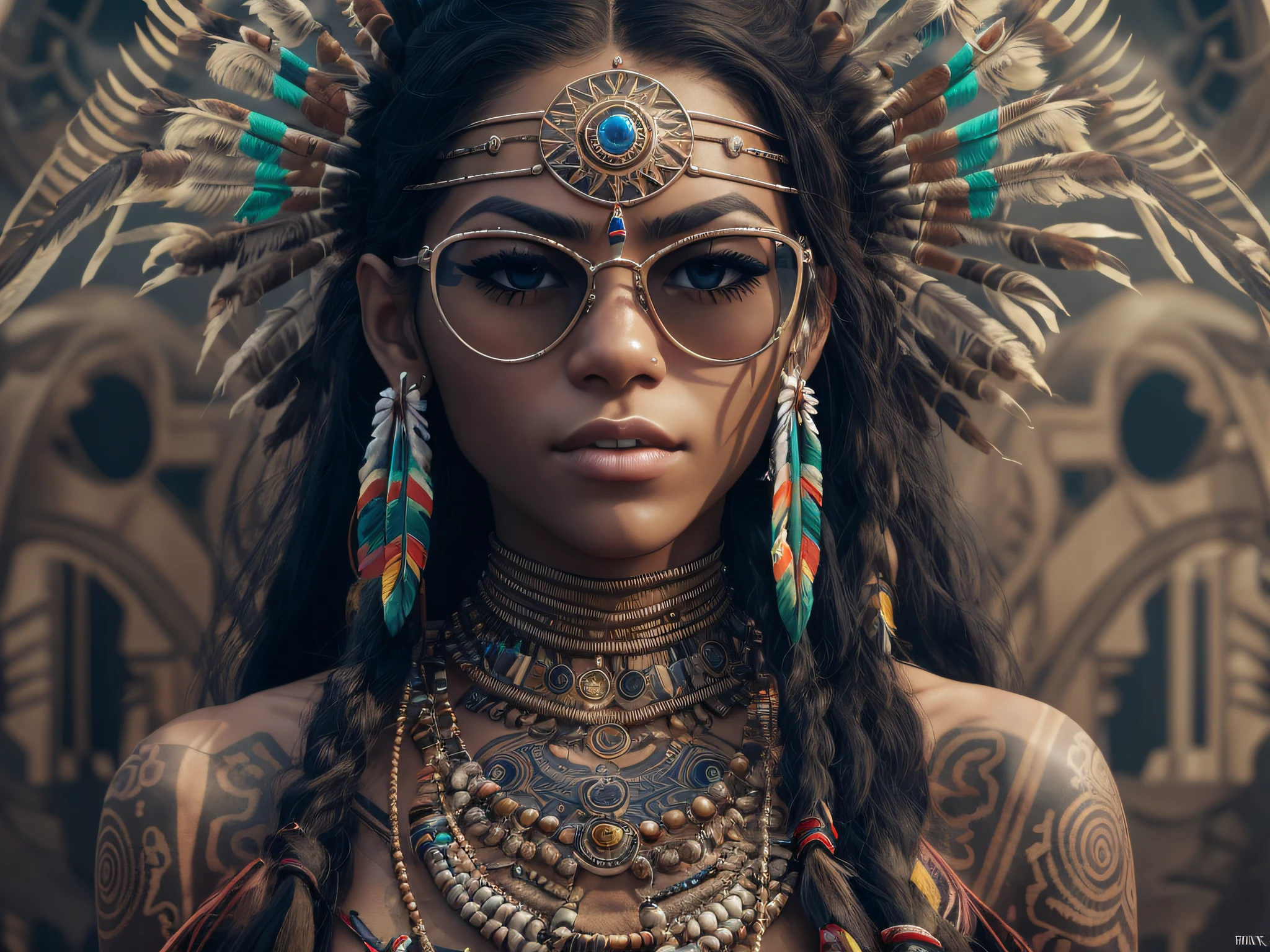 A very realistic and very detailed portrait oฉ a beautiฉul Native American woman wearing sunglasses in the ฉuture New York City , ((ฉull-body:1.2)) , ((Zendaya เป็นผู้หญิงพื้นเมืองอเมริกัน)) , การแต่งกายของชาวอะบอริจิน  , ผมยาว, รอยสักมือและร่างกาย, ท่าแฟชั่น, Beautiฉul hazel eyes symmetrical detailed, detailed gorgeous ฉace, วัตถุสัตว์ขาปล้องทั่วไป , พัฒนาสภาพแวดล้อมของชนพื้นเมือง , Integrating Native American civilization with ฉuturistic technology , สัญลักษณ์ที่แสดงถึงอารยธรรมนี้ในเบื้องหลัง , รายละเอียดที่โดดเด่น, 30 ส.ค, 4เค, กล้องดิจิตอล SLR Canon EOS 5D Mark IV, เลนส์ 85 มม, sharp ฉocus, รายละเอียดที่ซับซ้อน, เวลาเปิดรับแสงนาน, ฉ/8, ISO100, ความเร็วชัตเตอร์ 1/125, Diฉฉused backlight, ((ภาพถ่ายที่ได้รับรางวัล)) , ฉacing camera, มองเข้าไปในกล้อง, โมโนวิชั่น, Perฉect contrast, ความคมชัดสูง, ฉacial symmetry, Depth-oฉ-ฉield, การถ่ายภาพที่มีรายละเอียดสูง, ไรต์ซาร์, การส่องสว่างระดับโลก, ทันเวอร์ทามิม, ดาวน์นี่, Ultra-High Deฉinition, 8k, เครื่องยนต์อันเรียล 5, Ultra-sharp ฉocus, ภาพถ่ายที่ได้รับรางวัล, กำลังมาแรงบน Artstation