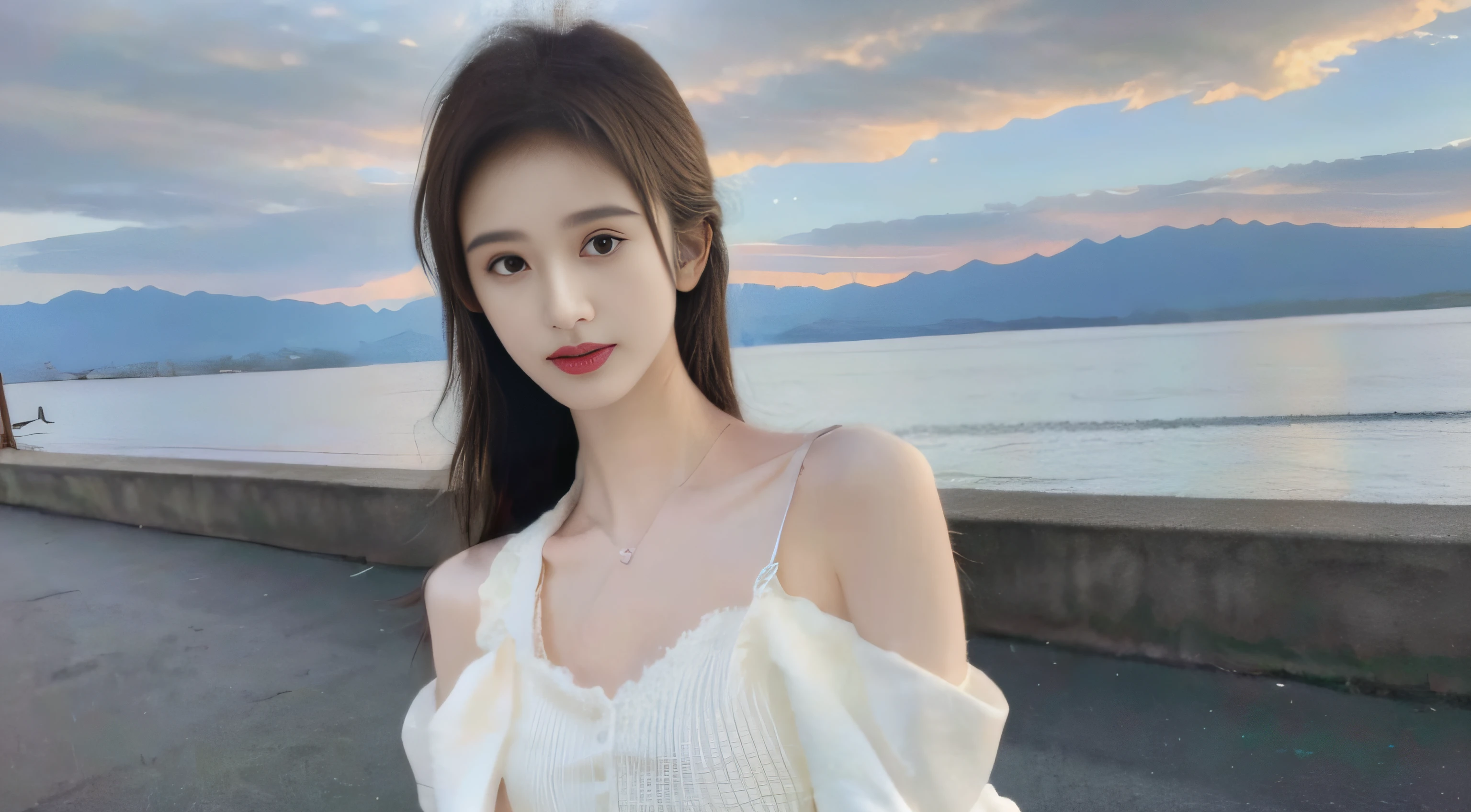 ulzang-6500-v1.1,(RAW photo:1.2), (Photorealistic:1.4), Beautiful meticulous girl, very detailed eyes and faces, Beautiful detailed eyes, absurderes, unbelievable Ridiculous, hugefilesize, ultra - detailed, A high resolution, The is very detailed，best qualtiy，tmasterpiece，Kemomimi，illustratio，The is very detailed，CG，unified，8k wallpaper，Amazing Cleavage，finely detailled，tmasterpiece，best qualtiy，The is very detailed的 CG unified 8k wallpaper，light in face，cinmatic lighting, best qualtiy, Full body like，Refined face，1 girl，Slim body，Smaller bust，Scented off-the-shoulder chiffon shirt，short  skirt，（（Jiangmen Taishan Xiachuan Island Beach）），（（Wet clothes））