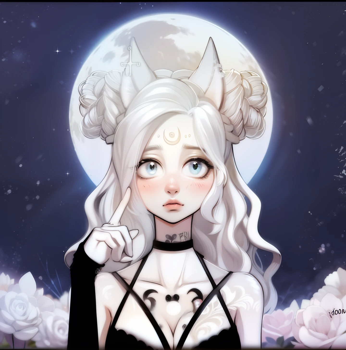 (Anthropomorphic wolf cute cub) orelhas de lobo,com jaqueta preta, um olho azul e outro branco , heterocromia nos olhos ,cabelo platinado cacheados com pontas roxas,bad girl, Moon birthmark on forehead 🌕🌙, Hibrido,jovem, retrato, busto, postura de frente para a camera, Cartoon, vestido como  uma vesater roqueira metaleira dos anos 80 obra prima, postura de confiante, youtuber, fleshy lips , piercings no nariz e nas orelhas de lobo, tatuagens pelo corpo, tattoo de lua 🌙 acima dos seios,asas de anjo negro nas costas, and dark purple necklace on neck, Hand with drag glove