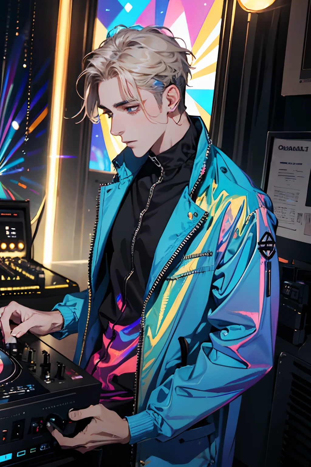 holographic clothing，holographic, (1man), dj, headphone, synthesizer, inside a club, party, masterpiece, {{{best quality}}}, {{ultra-detailed}}, {illustration}, cinematic angle, {detailed light},cinematic lighting, handsome man, short hair,