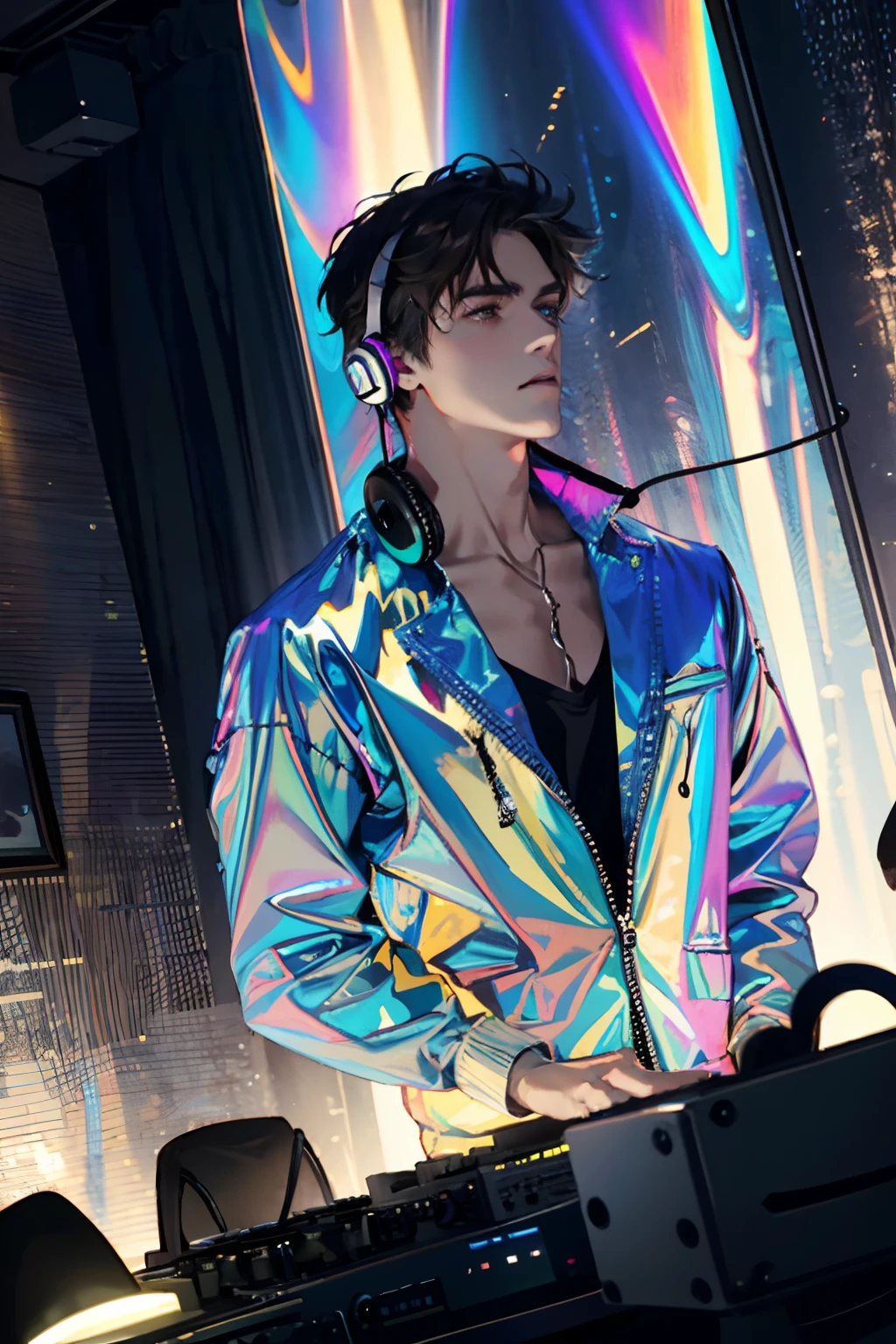 holographic clothing，holographic, (1man), dj, headphone, synthesizer, inside a club, disco light, masterpiece, {{{best quality}}}, {{ultra-detailed}}, {illustration}, cinematic angle, {detailed light},cinematic lighting, handsome man, short hair,