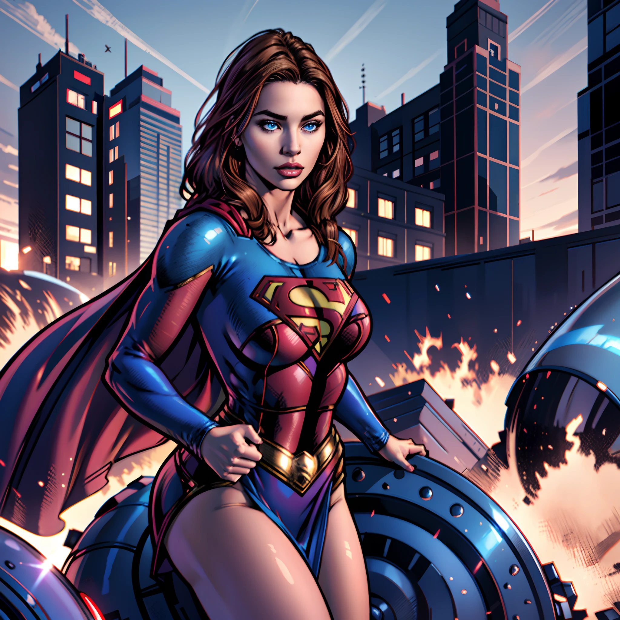 Supergirl, blue eyes, solo, voluptuous, long hair, outdoors, specular highlights, side lighting, detailed face, detailed eyes,