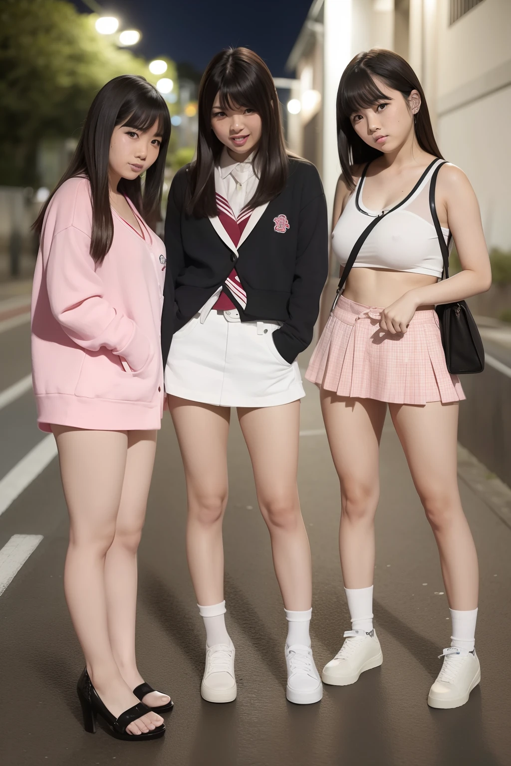 Three asian girls in school uniforms standing on a street - SeaArt AI