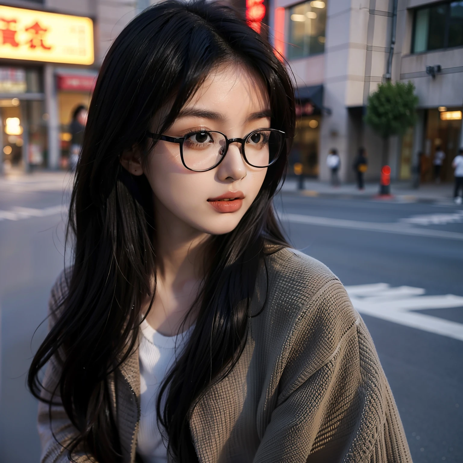 Arafed asian woman with glasses standing on a city street - SeaArt AI