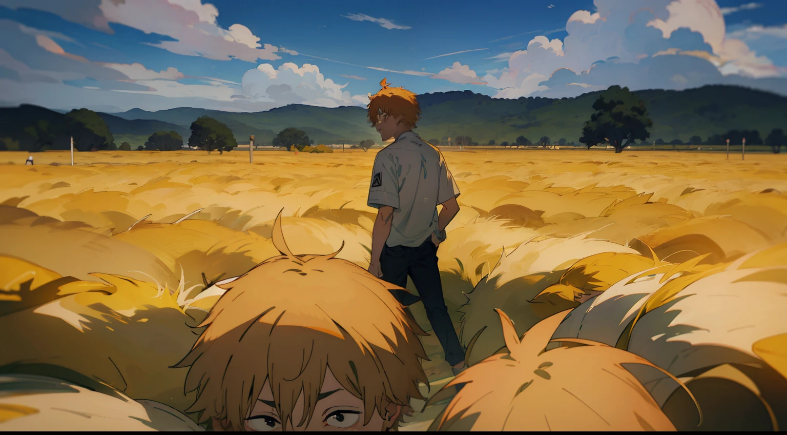 denji in a field looking at the sky