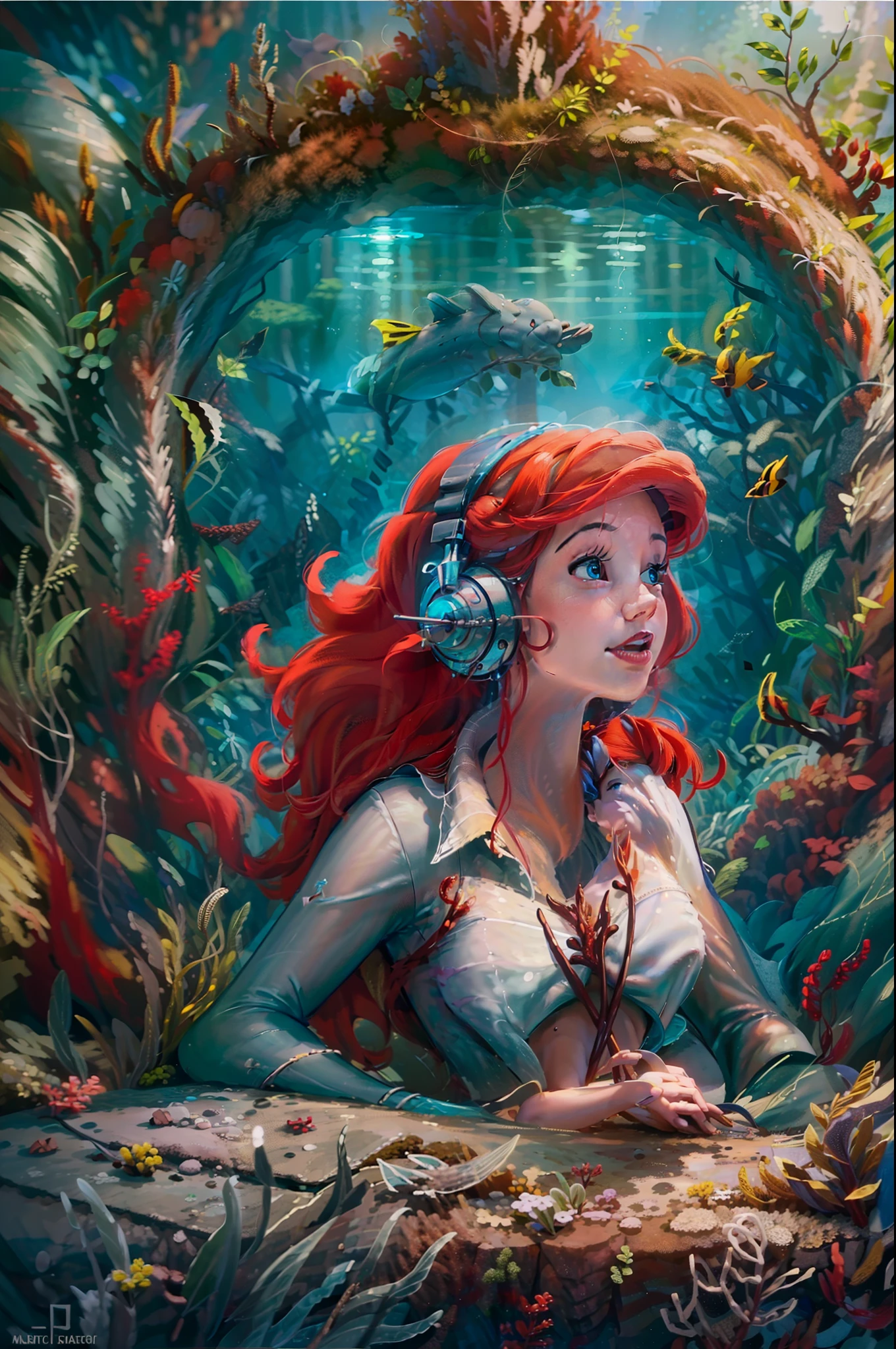 (((masterpiece, best quality, high resolution)))), Extremely detailed, 8K, (ultra detailed) wallpaper, ultra wide shot, photorealism, Ariel The little Mermaid (Masterpiece, ultra detailed, best quality), being a DJ in a DJ booth (Masterpiece, ultra detailed, best quality) wearing headphones in DJ booth, playng music under the sea, rich sea life, underwater sea background (Masterpiece, ultra detailed, best quality)