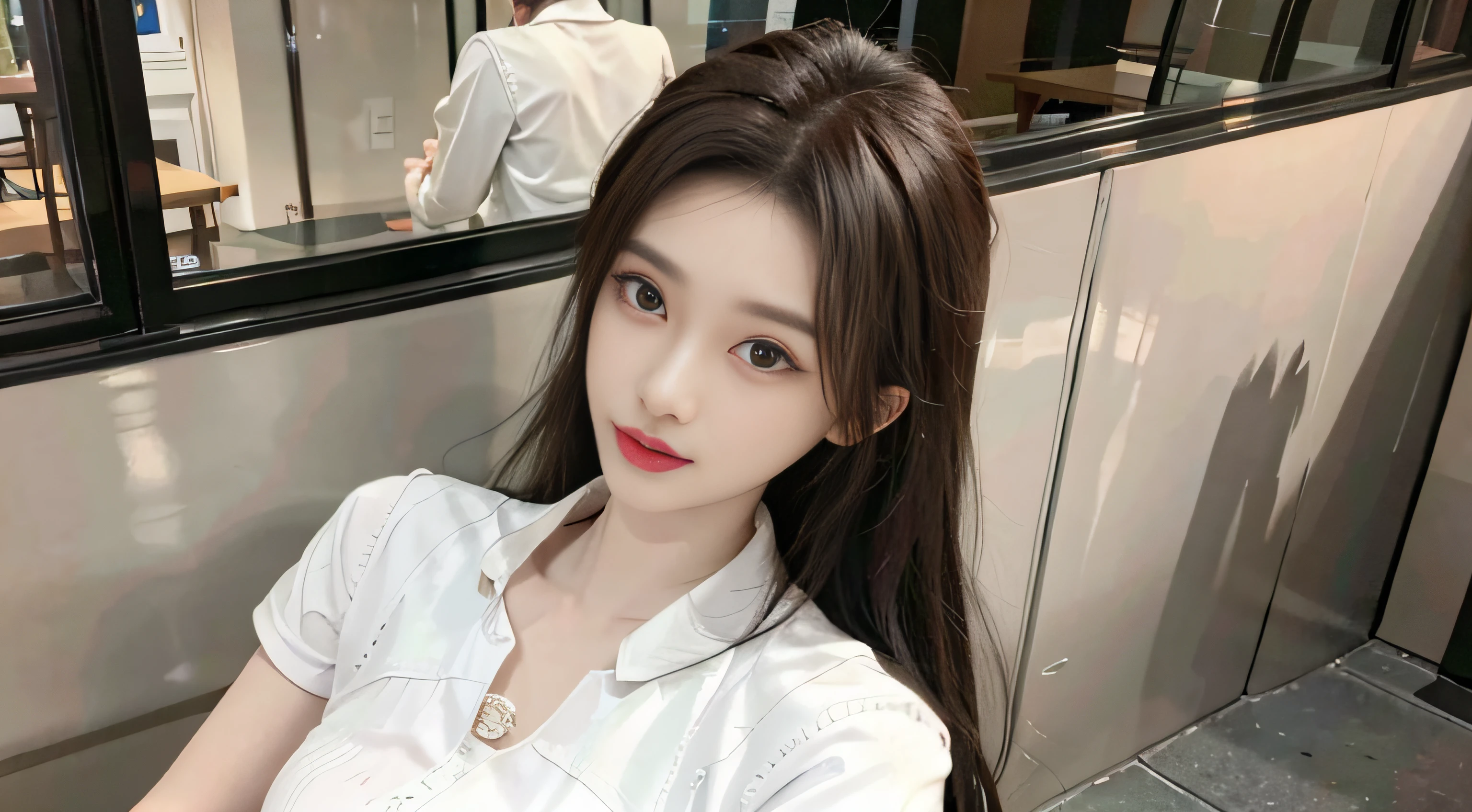 8K original photos，best qualtiy，tmasterpiece，超高分辨率，Natural skin texture，Realistic eye and face details，（looking at viewert，face to the viewer），'s plump lips，lipsticks，Red eyeshadow，beautifullegs，Tall women，Skinny，Skinny Thighs, 1girll, Solo, 校服, The shirt, White tights, Run in the street