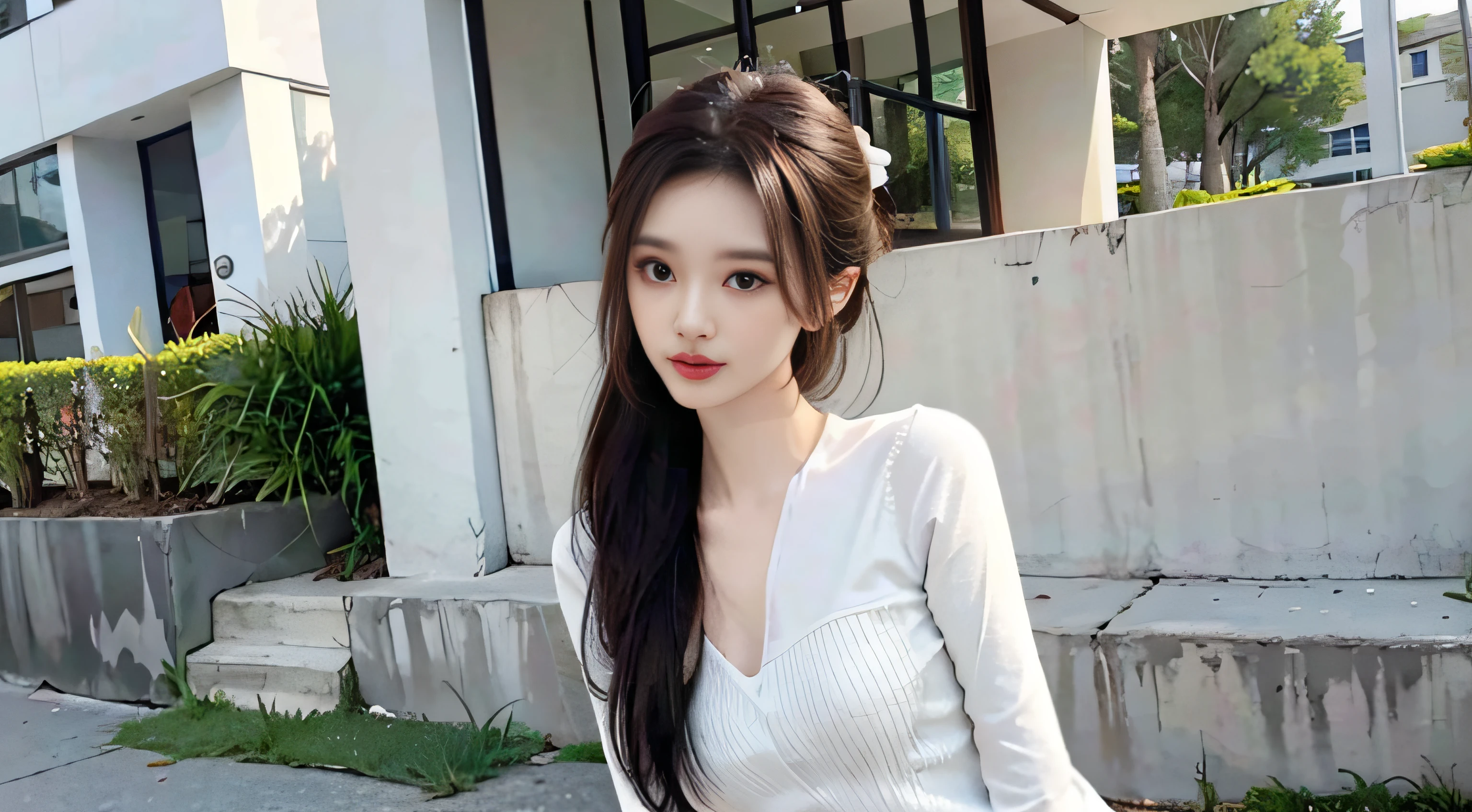 8K original photos，best qualtiy，tmasterpiece，Ultra-high resolution，Natural skin texture，Realistic eye and face details，（looking at viewert，face to the viewer），'s plump lips，lipsticks，Red eyeshadow，beautifullegs，Tall women，Skinny，Skinny Thighs, 1girll, 独奏, Uniforms, The shirt, White tights, Run in the street