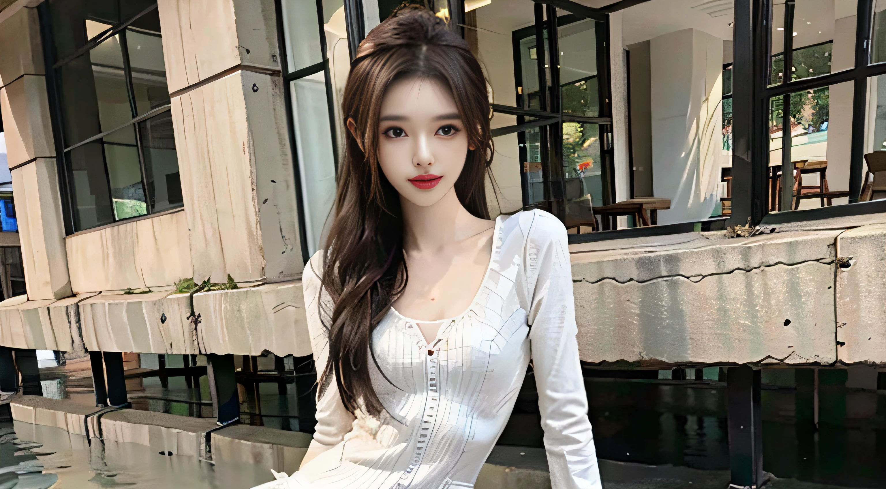 8K original photos，best qualtiy，tmasterpiece，Ultra-high resolution，Natural skin texture，Realistic eye and face details，（looking at viewert，face to the viewer），'s plump lips，lipsticks，Red eyeshadow，beautifullegs，Tall women，Skinny，Skinny Thighs, 1girll, 独奏, Uniforms, The shirt, White tights, Run in the street