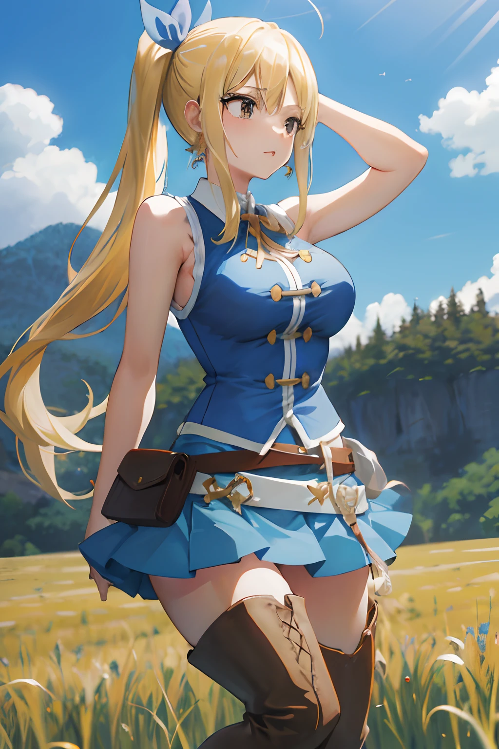 masterpiece, best quality, highres, lucy heartfilia, blonde hair, long hair, side ponytail, blue ribbon, large breasts, earrings, thigh boots, blue shirt, sleeveless shirt, white skirt, from side, field
