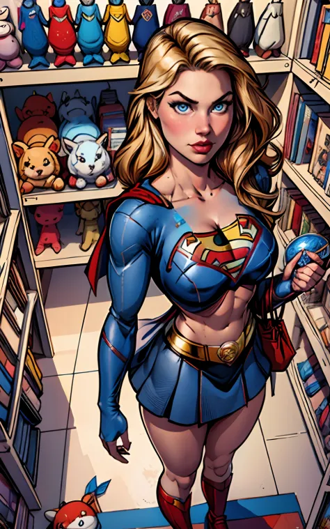 masterpiece, best quality, high detailed, colorful, from above, solo, realistic, Supergirl standing in a store with lots of stuf...