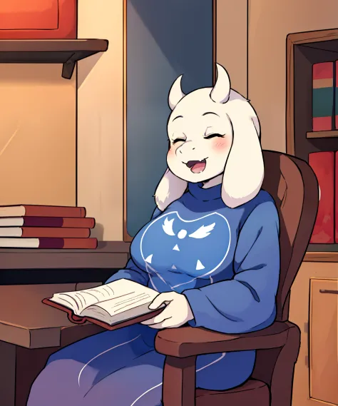 toriel, 1girl, book, chair, closed_eyes, furry, furry_female, goat_ears, goat_girl, indoors, open_mouth, smile, solo