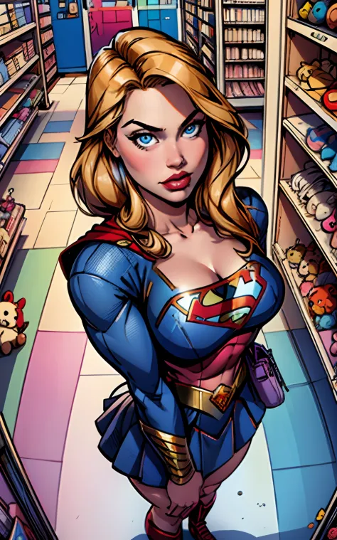 masterpiece, best quality, high detailed, colorful, from above, solo, realistic, Supergirl standing in a store with lots of stuf...