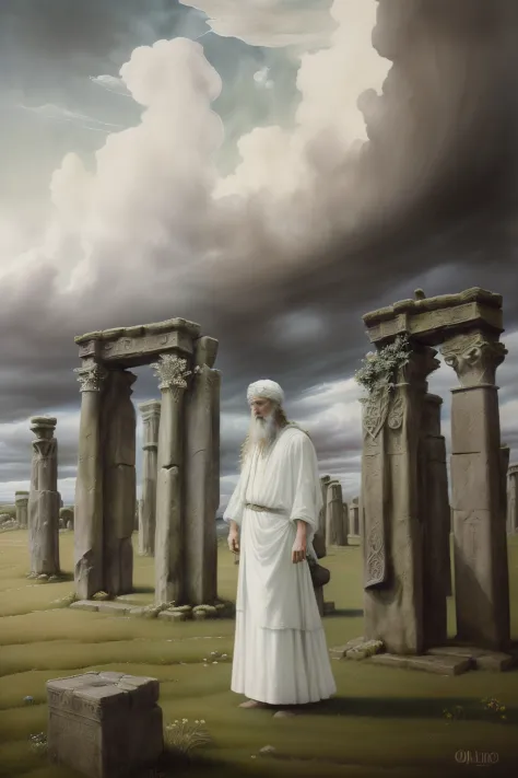 (((celtic pre-raphaelite painting of an old druid in white clothes, olha para o alto e segura ramos de espinheiro-negro, many cl...