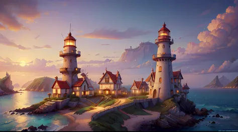 "(Fantasy city: 2), (stunning coast, beautiful sandy beach) (1 frigate at sea: 0.7), (1 lighthouse: 0.5), dawn, WALLPAPER, (((ma...