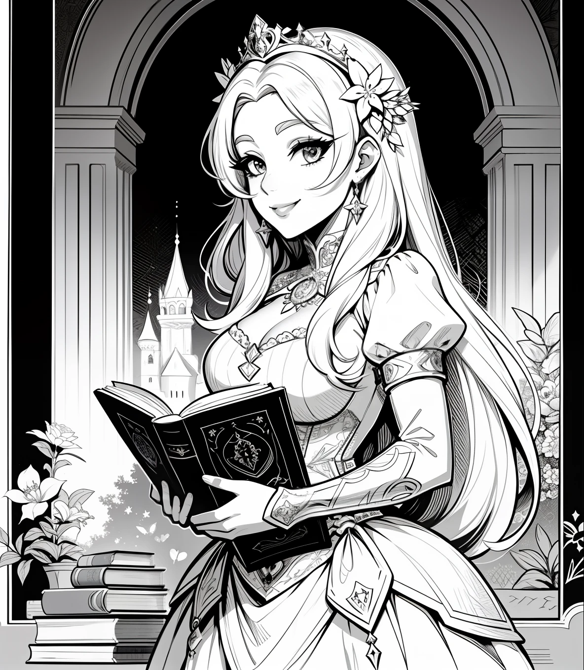 Lineart, monochrome colors, princesa fofa, livro de colorir, sorrindo, fofa, flores, Castle scenery, preto e branco