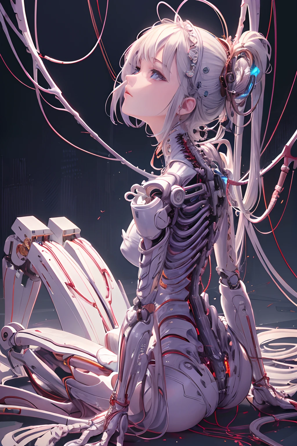 (((masterpiece))), (((best quality))), ((ultra-detailed)), (highly detailed CG illustration), ((an extremely delicate and beautiful)),(from side),cinematic light,((1mechanical girl)),solo,full body,(machine made joints:1.2),((machanical limbs)),(blood vessels connected to tubes),(mechanical vertebra attaching to back),((mechanical cervial attaching to neck)),(sitting),expressionless,(wires and cables attaching to neck:1.2),(wires and cables on head:1.2)(character focus),science fiction,extreme detailed,colorful,highest detailed