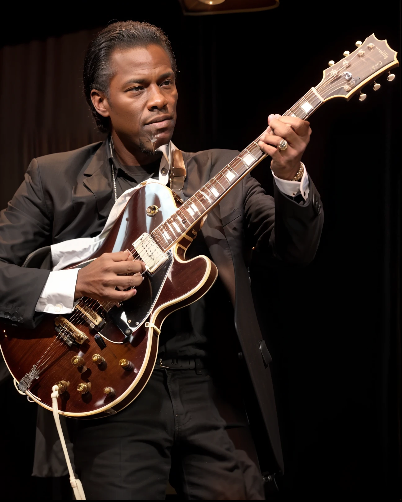 Hay un hombre que está tocando una guitarra en el escenario, B. B rey, blues, eddy, jazz, [ Greg Rutkowski ], tocando una guitarra gibson les paul, estrella, Tx, 7 0 - s, conde, Dirigido por: Ken Elías, Foto promocional, estilo ébano, Tonto, pitt, resaltador", Beto, Dirigido por: Pablo Davis, Manchado", Obunga, música, guitarra acustica