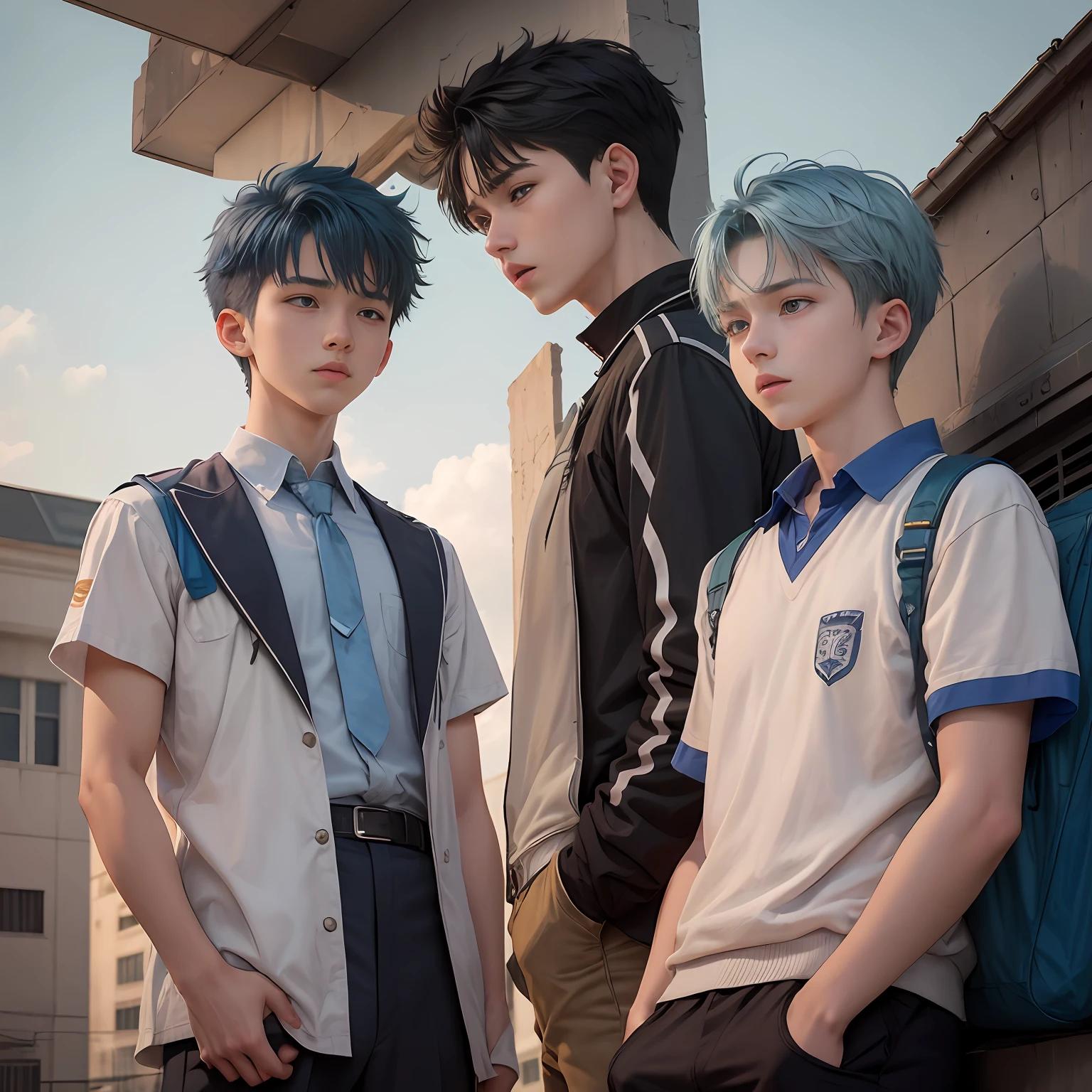 Two 15-year-old male friends in high school uniform with blue hair arguing on the roof of the school are upset and look into each other's eyes...........