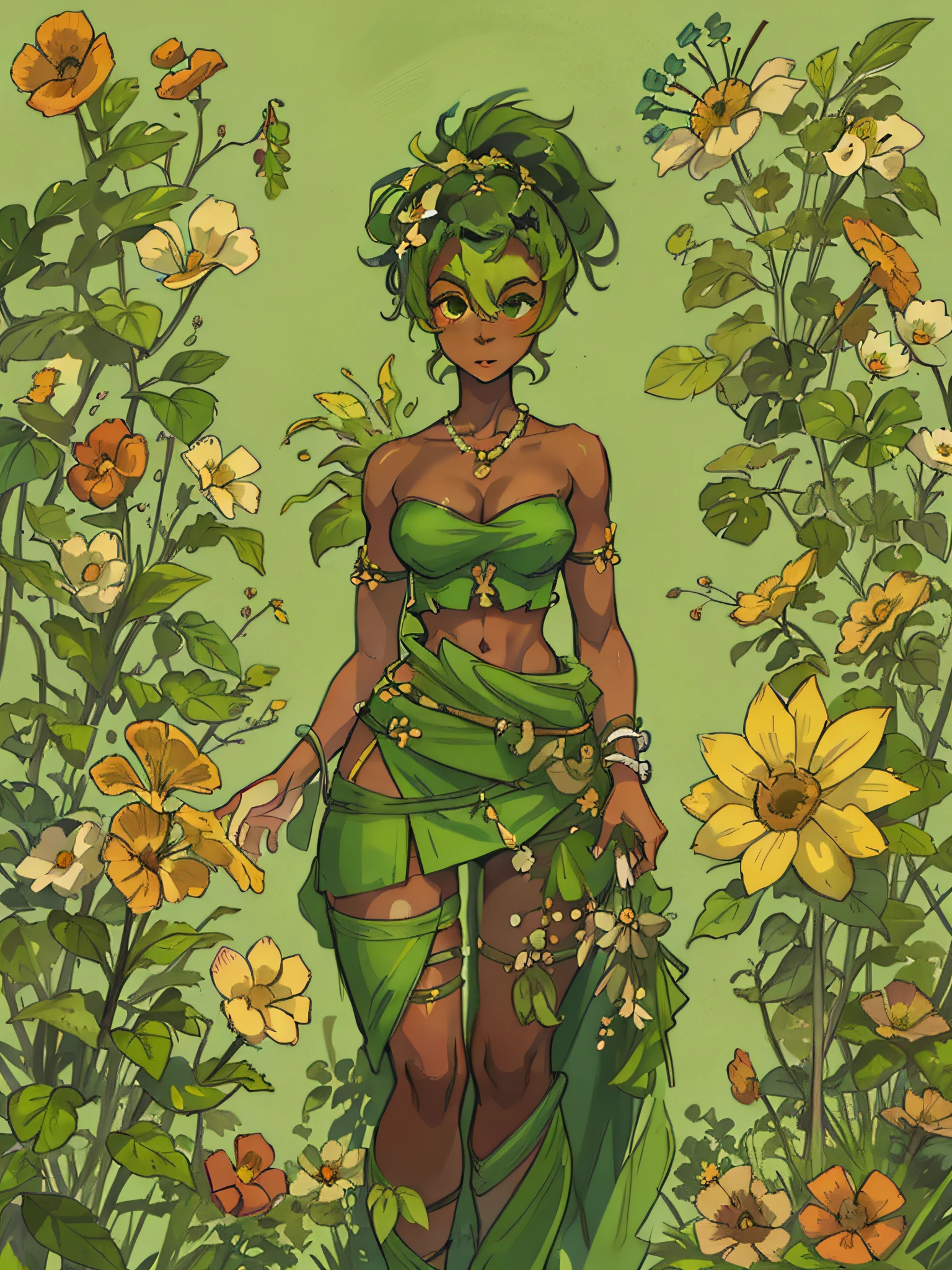 阿玛利亚, 一個年輕的黑人婦女, 綠髮, 散發出力量和韌性的光環. 裝飾著植物和花卉編織的衣服, 她的服裝頌揚自然之美，同時展示她與地球的聯繫. 綠色的裙子, 赤裸上身