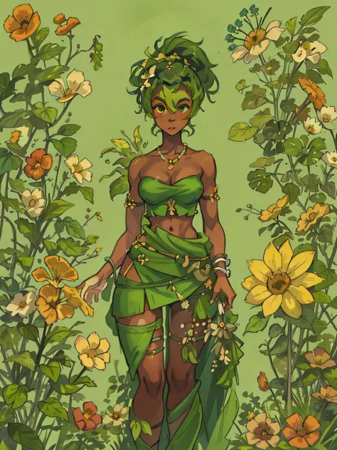 Amalia, a young Black woman, green hair, emanates an aura of strength and resilience. Adorned with garments woven from plants an...