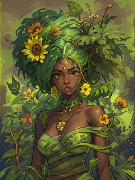 Amalia, a young Black woman, green hair, emanates an aura of strength and resilience. Adorned with garments woven from plants an...