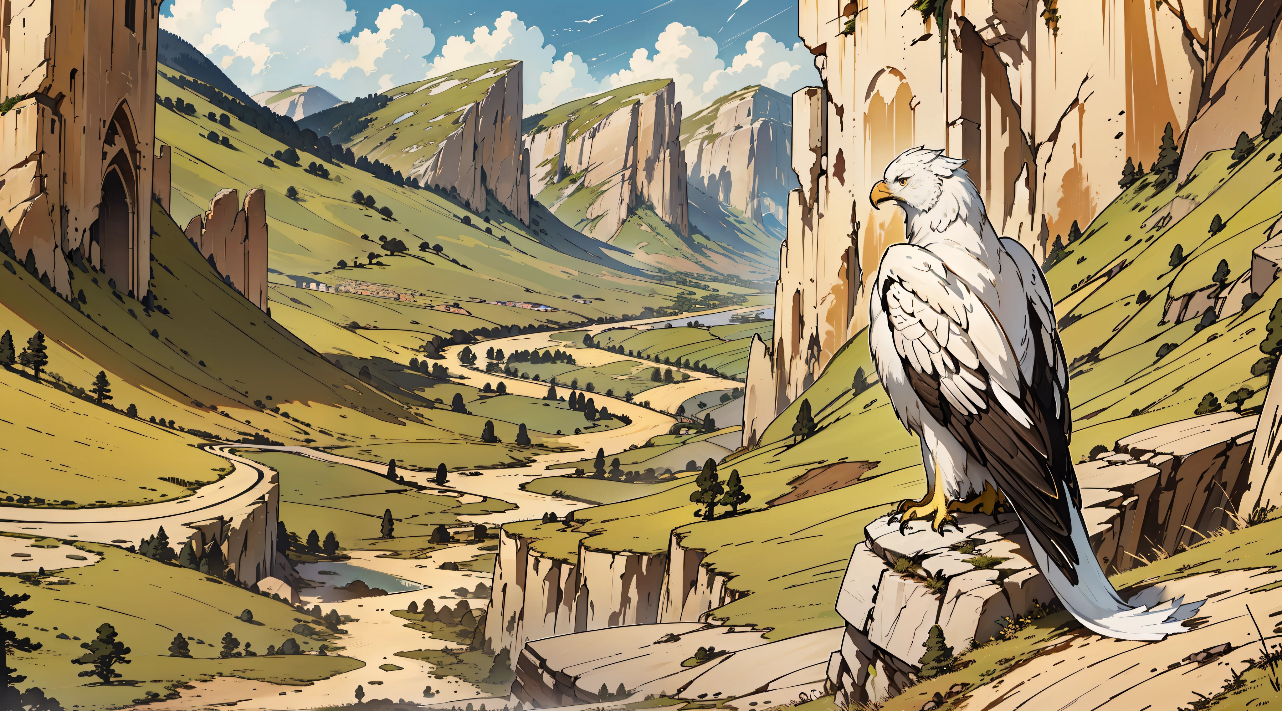 "Seitenansicht, Majestätisch und ehrfurchtgebietend, ein einsamer sehr großer weißer Adler 1:2 mit einem faszinierenden verlängerten Schwanz, der auf einer schroffen Klippe thront, mit Blick auf die staubige Straße im Tal unten."