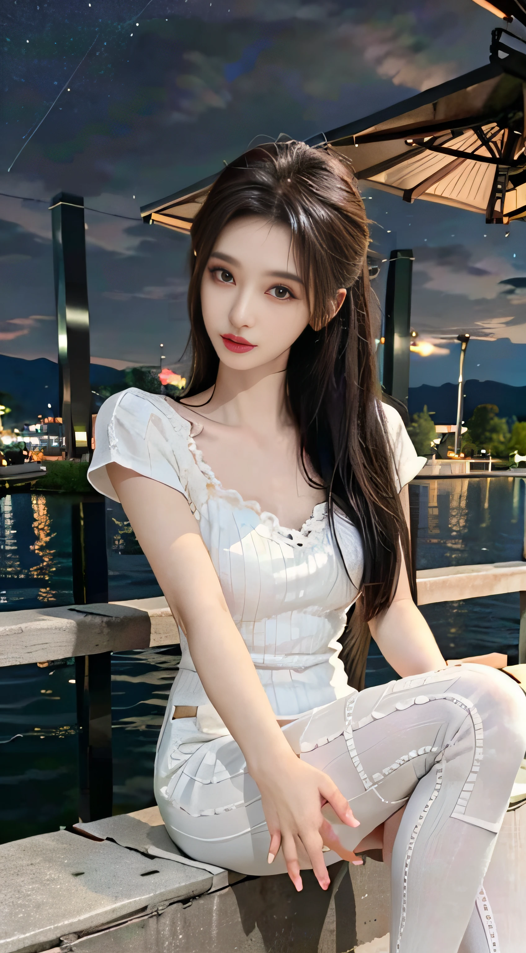 8K original photos，best qualtiy，tmasterpiece，Ultra-high resolution，Natural skin texture，Realistic eye and face details，（looking at viewert，face to the viewer），'s plump lips，lipsticks，Red eyeshadow，beautifullegs，Tall women，Skinny，Skinny Thighs, 1girll, 独奏, Uniforms, The shirt, White tights, Sitting，Outdoor starry sky scene