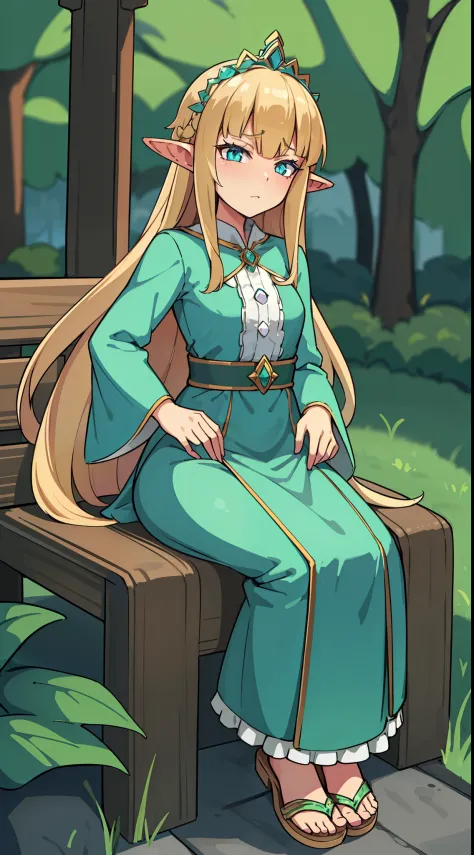 hiquality, tmasterpiece (One elven princess girl) High.  long ears, blonde woman, a small crown on the head, Cyan eyes, Sullen face. Green hunting cloak, Sandals.