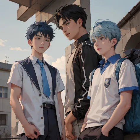 Two 15-year-old male friends in high school uniform with blue hair arguing on the roof of the school are upset and look into eac...