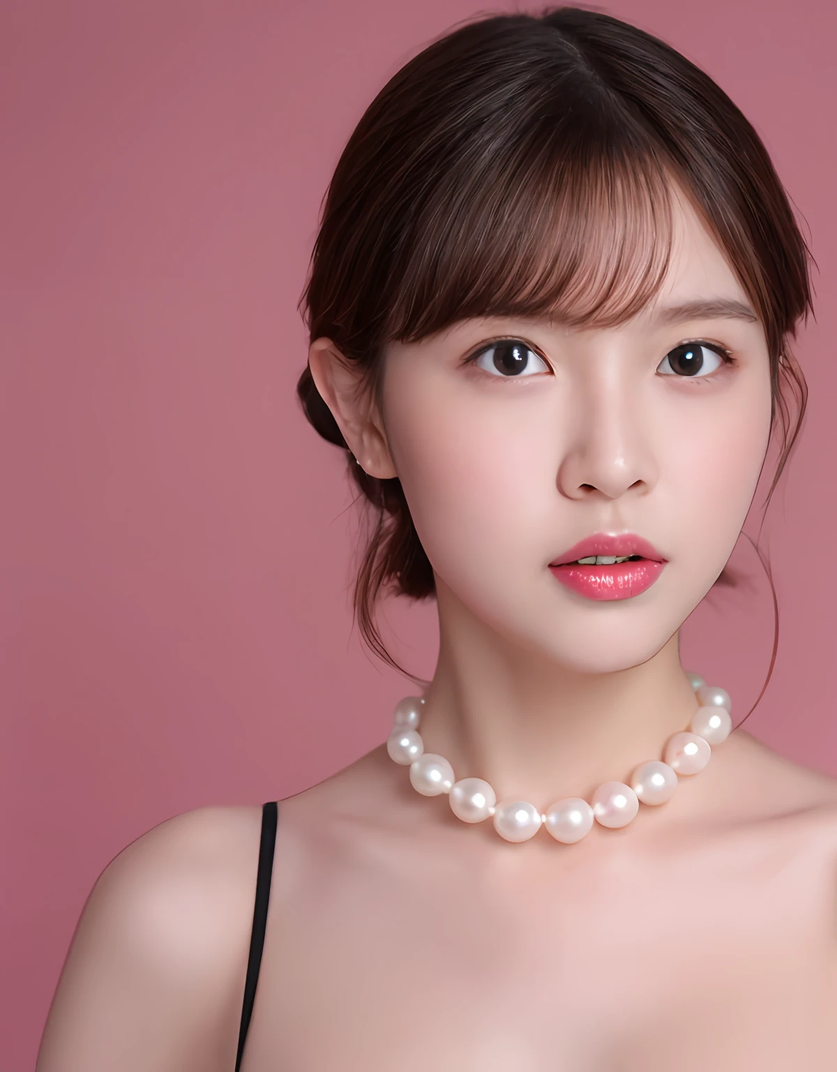 Bust of beautiful Japan girl with porcelain skin, Rose cheeks, Pink shiny lips, In Lolita dresses and pearls. (8K, Best Quality : 1.2), (masutepiece, Photorealistic : 1.3), Super Detail, Anatomically correct