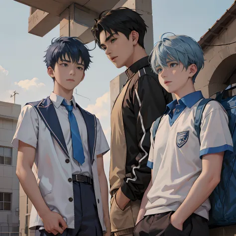 Two 15-year-old male friends in high school uniform with blue hair arguing on the roof of the school are upset and look into eac...