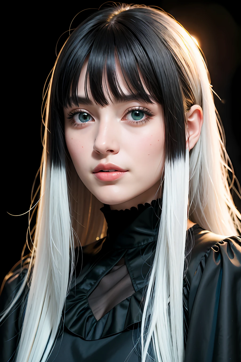 RAW photo, face portrait photo of beautiful young female with long sleek black hair with bangs ((flat bangs)), green eyes, 18ish girl, beautiful face, wearing black dress, smile face, closed mouth, not looking at viewer, hard shadows, cinematic shot, dramatic lighting.(Ultra Realistic), (Illustration), (Increased Resolution), (8K), (Extremely Detailed), (Best Illustration), (Beautiful and Detailed Eyes), (Best Quality), (Ultra Detailed), (Masterpiece ), ( wallpaper), (detailed face), solo, 1 girl, mature, age 25,looking at viewer, fine details, detailed face, in the dark, deep shadows, low key, pureerosfaceace_v1, smiling, long hair, black and white, shawl straight hair , 46 points oblique bangs, masterpiece, best quality, 35mm, 8k, absurdres, beautiful girl, (upper body, dark grey background:1.4), (black classical dress, black hair:1.6), slender, dark studio, rim lighting, ultra realistic, highres, photography, film grain, chromatic aberration, depth of field, sharp focus, HDR, facelight, dynamic lighting, cinematic lighting, professional shadow, dark shadow, highest detailed, extreme detailed, ultra detailed, finely detail, real skin, delicate facial features, detailed face and eyes, sharp pupils, realistic pupils, long black hair with bangs, black hair top, white hair undercolor, Split Hair Two Tone , Split Hair Two Tone black and white color hair,black hair, white hair, mix hair color,green eyes, white hair  emerald eyes. white hair, platinum hair color, green eye, green pupil, platinum hair mix black. Black and white ombre hair. black hair on top white hair underneath.