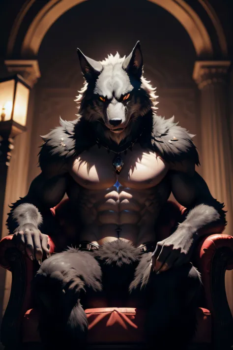 Seated on a throne in an abandoned hilltop castle, a werewolf reigns amidst the glow of a roaring fireplace. Its eyes gleam ominously, and its fur boasts shades of silver-black. The creature's posture exudes confidence and unyielding dominion over its terr...