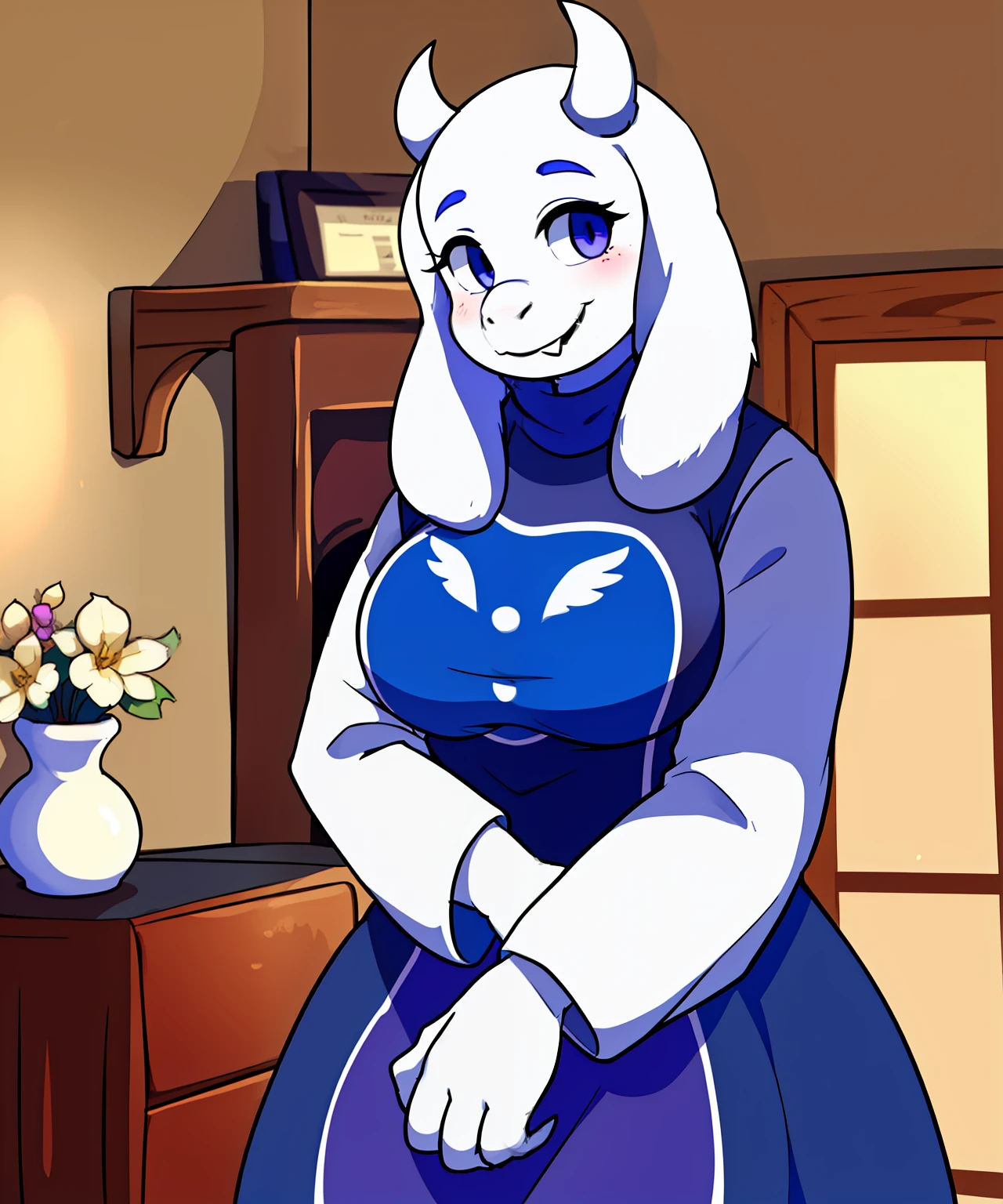 toriel, 1Mädchen, pelzig, pelzig_weiblich, Ziege_Ohren, Ziege_Mädchen, drinnen, lächeln, Allein