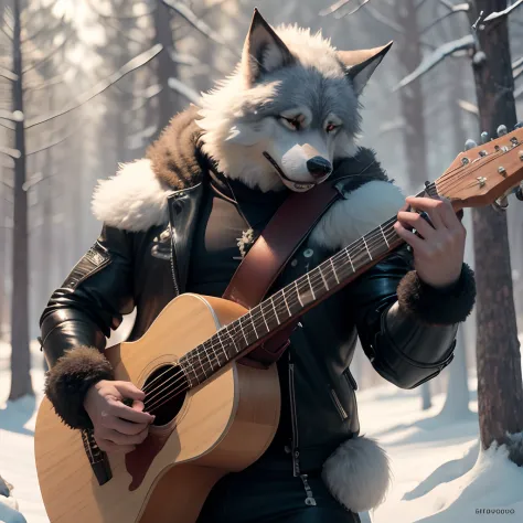 (melhor qualidade, Cartoon illustration style) Muscular furry wolf playing lute in a forestAnthropomorphic muscular furry wolf i...