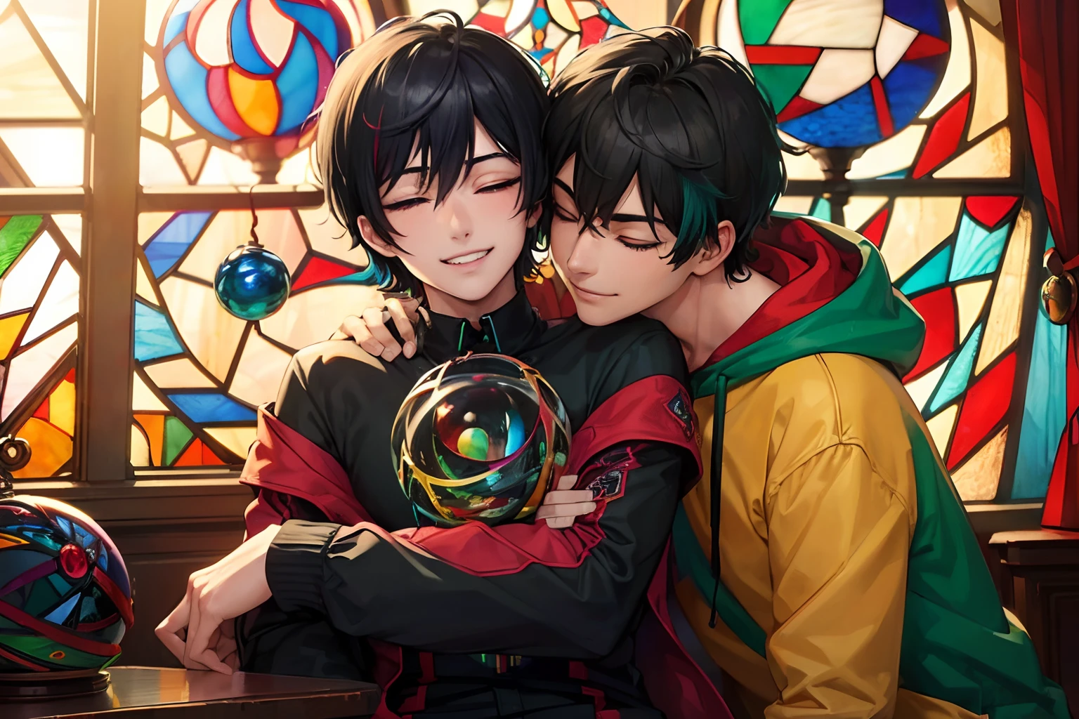 Anime couple hugging each other in front of stained glass window - SeaArt AI