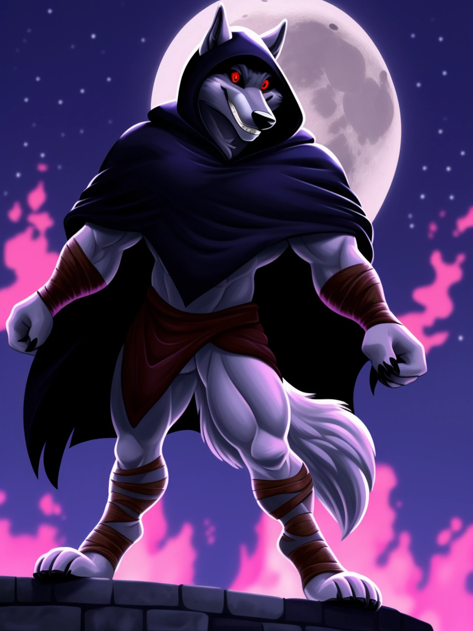 (deathpussinboots:1.1), muscular, red eyes, black sclera, solo, long nose, furry, wolf, standing, cloak, hooded cloak, hood, fluffy, front view, arm wraps, leg wraps, smile, grin, night, moon, (pink glowing background), pink fire, arena, horrorcore, depth of field, perfect lighting, light particles, best quality, masterpiece, ultra detailed, sharp focus