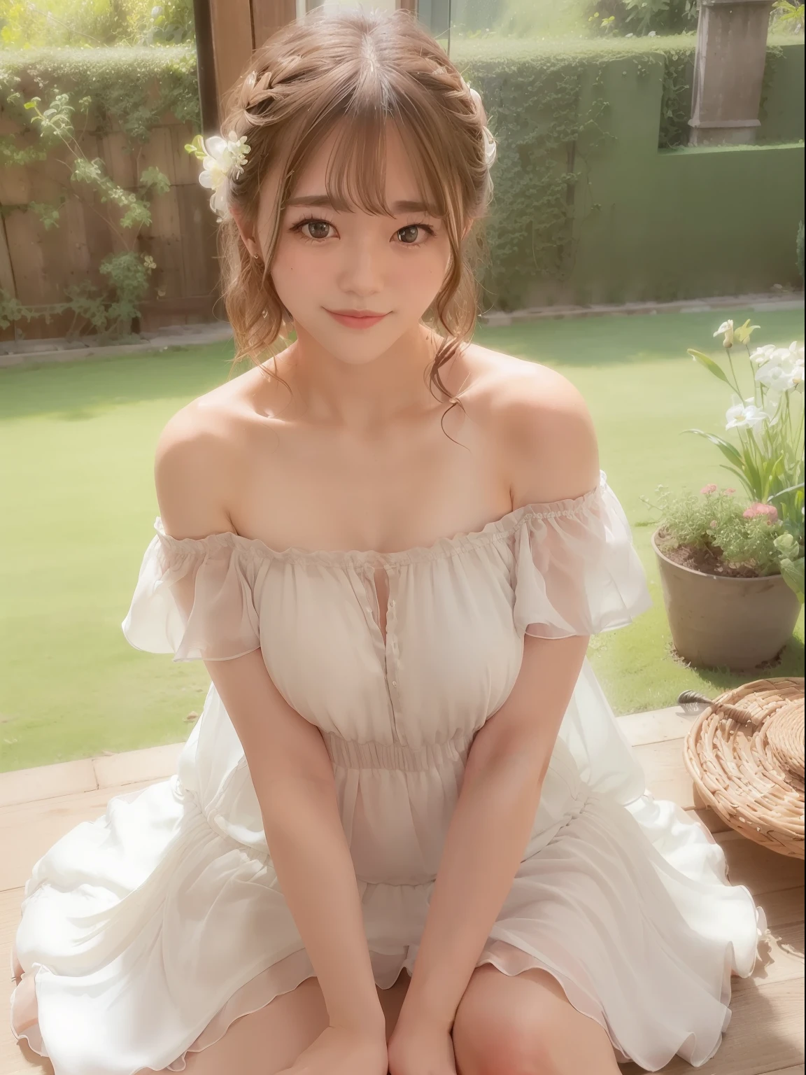 ((of the highest quality, 8K, masutepiece: 1.3, Raw photo)), Sharp Focus: 1.2, (1 AESPA Girl :1.1), (Solo: 1.2), (Realistic, Photorealistic: 1.37), (Face Focus: 1.1), Cute face, hyperdetailed face, huge-breasted, Breasts that are about to spill out, Short messy hair, Small Smile, (Off-the-shoulder chiffon dress:1.3), Sleeping Pose, garden, Glory lily
