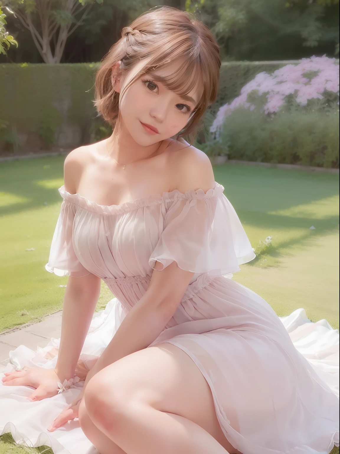 ((of the highest quality, 8K, masutepiece: 1.3, Raw photo)), Sharp Focus: 1.2, (1 AESPA Girl :1.1), (Solo: 1.2), (Realistic, Photorealistic: 1.37), (Face Focus: 1.1), Cute face, hyperdetailed face, huge-breasted, Breasts that are about to spill out, Short messy hair, Small Smile, (Off-the-shoulder chiffon dress:1.3), Sleeping Pose, garden, Glory lily