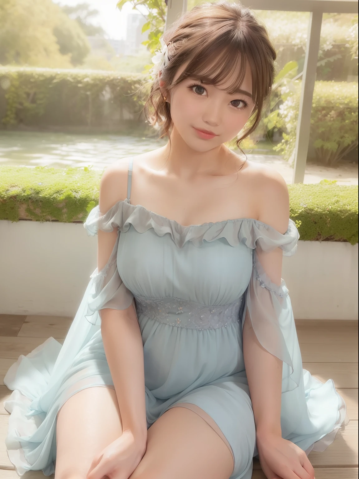 ((of the highest quality, 8K, masutepiece: 1.3, Raw photo)), Sharp Focus: 1.2, (1 AESPA Girl :1.1), (Solo: 1.2), (Realistic, Photorealistic: 1.37), (Face Focus: 1.1), Cute face, hyperdetailed face, huge-breasted, Breasts that are about to spill out, Short messy hair, Small Smile, plump figure、(Off-the-shoulder chiffon dress:1.3), Sleeping Pose, garden, Glory lily