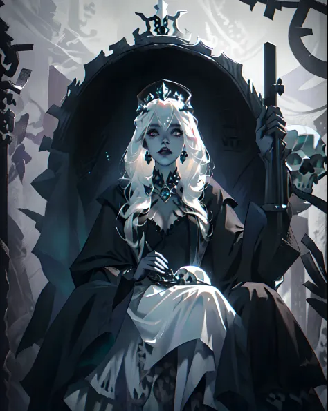 a woman with white hair and a crown, (((surrounded by skulls))), with a crown of skulls, scary queen of death, the witch queen, queen of death, wearing a crown made of antlers, gothic maiden shaman, saint skeleton queen, queen of the underworld, goddess of...
