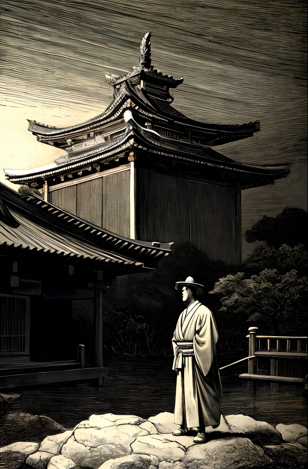 Estilo de desenho de Gustavedore, Realistic illustration of a Japanese samurai meditating in a hat, in the background an ancient Japanese temple , epic stark lighting, cinematic lighthing, alta resolução, (imagem detalhada:1), detalhes insanos, (altamente detalhado:1.2)