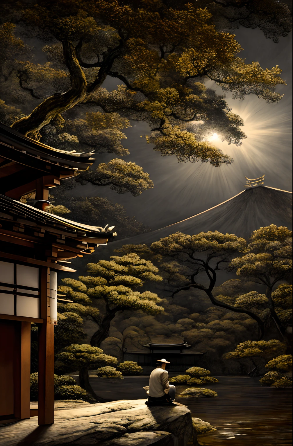 Estilo de desenho de Gustavedore, Realistic illustration of a Japanese samurai meditating in a hat, in the background an ancient Japanese temple , epic stark lighting, cinematic lighthing, alta resolução, (imagem detalhada:1), detalhes insanos, (altamente detalhado:1.2)