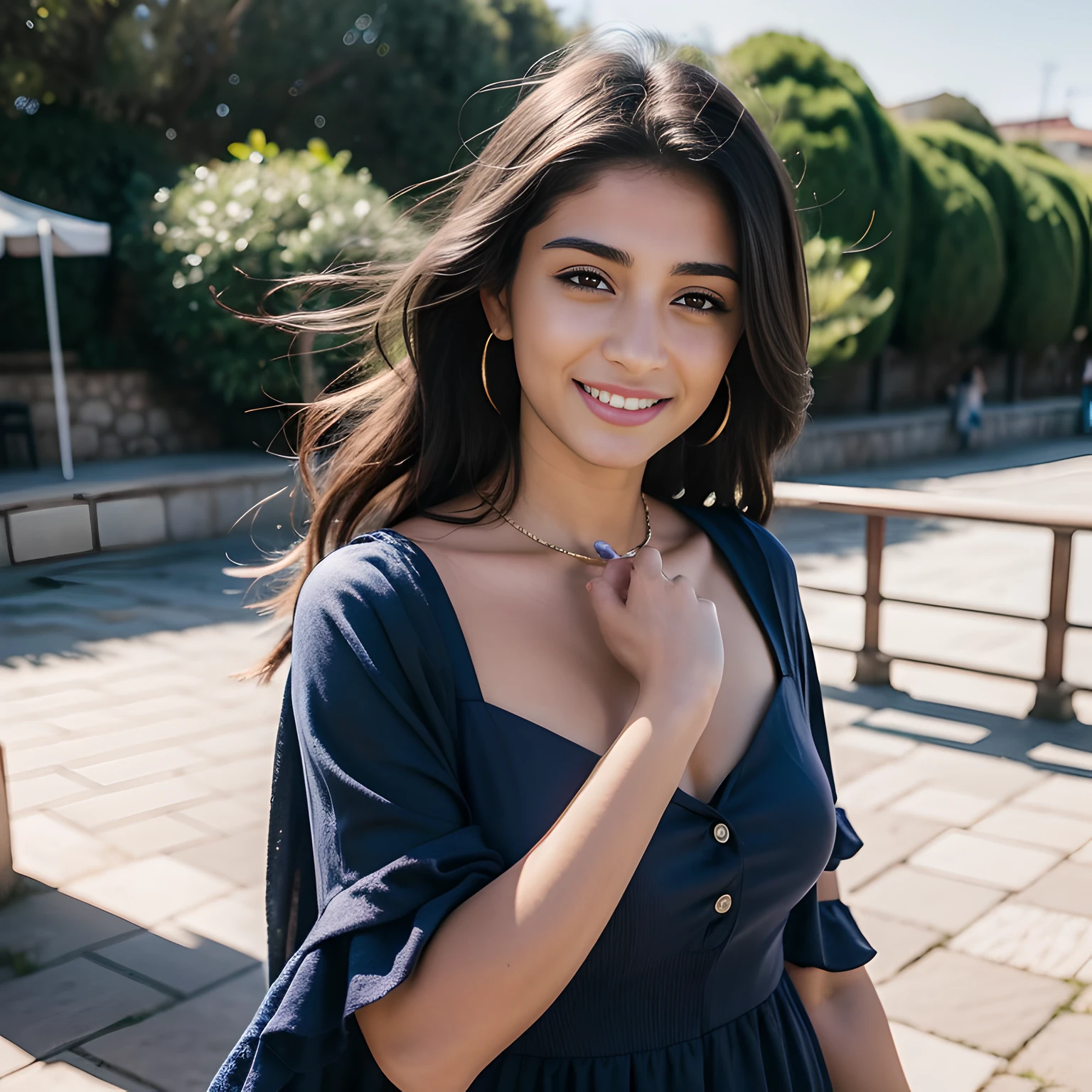 A beautiful smiling Canarian girl in an indigo dress, Instagram Influencer, Hot on CANON R5, spring 85 mm, photo session, depth of field, Incredibly detailed intricate, Hyper maximalist, elegant, hyperrealistic, Super detailed, dynamic  pose, centered, Cinematographer, natural light, dynamic, Highly detailed, sharp focus