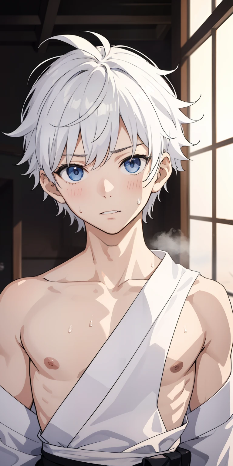 1boy, glowing, sidelighting, wallpaper,masterpiece, best quality, high quality,10yo,  male focus, full body, looking at viewer, white hair,spiky hairstyle, short hair, steam smork, japan style, anime coloring, shy, home muji style, detailed face, topless, white towel on waist,white silk, outdoor, sweat